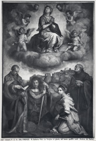 Alinari, Fratelli — Firenze - R. Galleria Pitti. La Vergine in gloria, nel basso quattro santi. (Andrea del Sarto.) — insieme